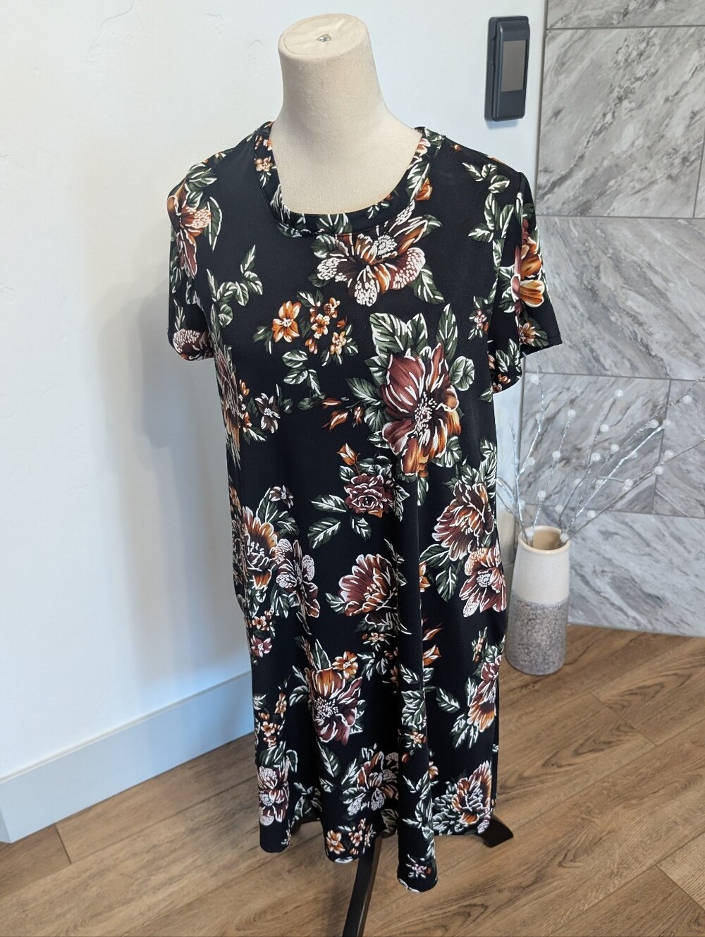 Apt. 9 Black Floral Midi Dress with Rust and Cream Blooms